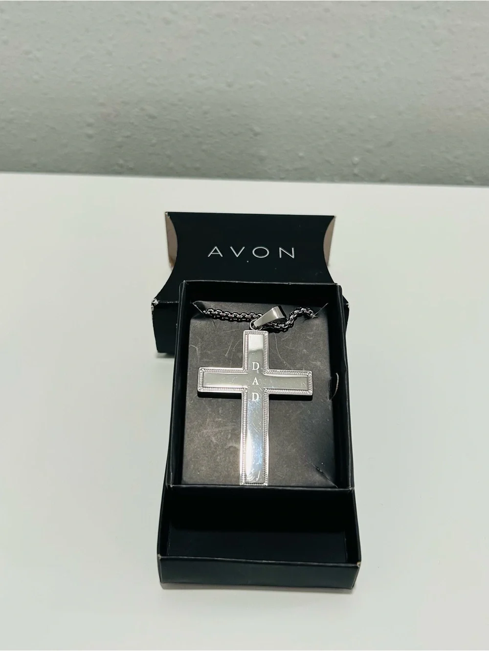Avon Mens Cross Necklace Stainless Steel Engraved DAD Silvertone 24